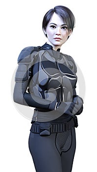 3D Rendering Female Sceince Fiction Warrior on White