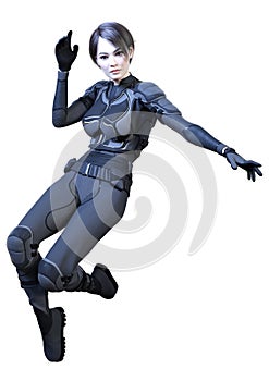 3D Rendering Female Sceince Fiction Warrior on White