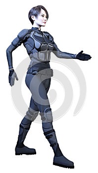 3D Rendering Female Sceince Fiction Warrior on White