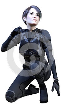 3D Rendering Female Sceince Fiction Warrior on White