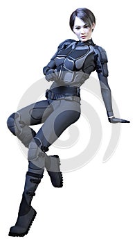 3D Rendering Female Sceince Fiction Warrior on White