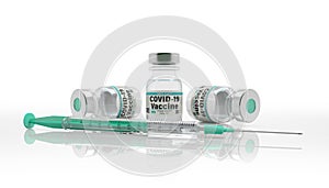 3d rendering of fictional covid 19 vaccine doses and syringe