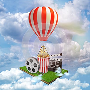 3d rendering of film clap board, film tape, popcorn bucket with a red white hot air balloon on blue sky white clouds