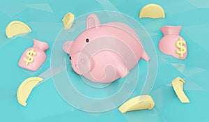 3D Rendering of financial icon floating on water piggy bank symbol on background