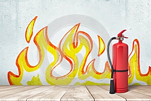 3d rendering of a fire extinguisher standing at the wall with the drawing of flames on it.