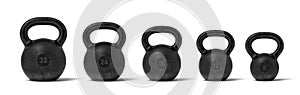 3d rendering of five black iron kettlebells in a single line with different weight stamps of 32, 24, 16, 12 and 8 kg.