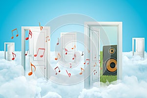 3d rendering of five doors standing on fluffy clouds, one door leading to audio column speaker on green lawn, with many