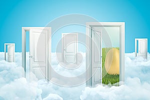 3d rendering of five doors standing on fluffy clouds, one door leading to green lawn with huge gold egg on it.