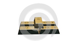 3d rendering of five golden bars laying.