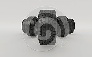 3d rendering five tires rolling