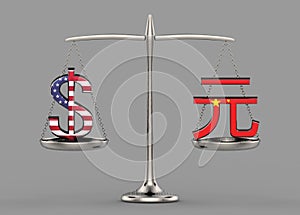 3d rendering. flag color US dollar and chinese yuan currency sign comparing on balance scale