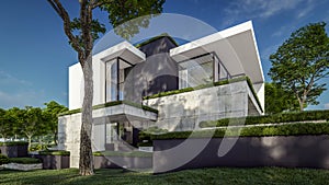 3d rendering of flat roof house with concrete facade