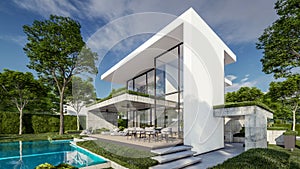 3d rendering of flat roof house with concrete facade