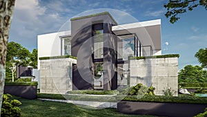 3d rendering of flat roof house with concrete facade