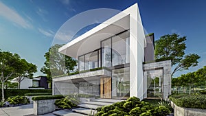 3d rendering of flat roof house with concrete facade