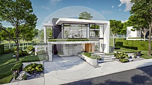 3d rendering of flat roof house with concrete facade