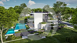 3d rendering of flat roof house with concrete facade