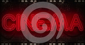 3D rendering flickering blinking red neon sign on film strip background, cinema movie film entertainment sign