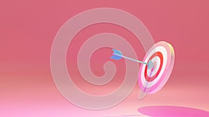 3d rendering floating bullseye with the blue arrow hitting the target on peach  color background.