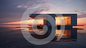 3D rendering of a floating house on the ocean at sunset, surrounded by a fiery sky.