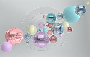 3d rendering of floating polished blue, pink, turquose and shining marble spheres on white background. Abstract geometric
