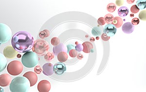 3d rendering of floating polished blue, pink, turquose and shining marble spheres on white background. Abstract geometric