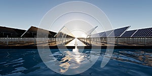 3d rendering of floating solar, floatovoltaics or solar farm on water with sky background