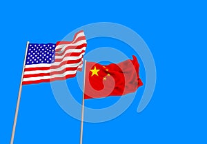 3d rendering. flowing USA and China national flags with clipping path isolated on blue sky background.