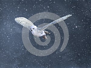 3D rendering of a flying snow owl in a winter storm