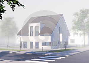 3D RENDERING OF FOGGY MODERN HOUSE