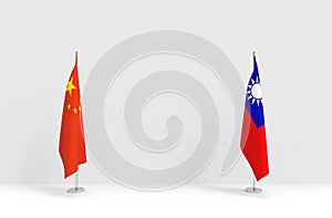 3d rendering. folding China and Taiwan national flags pole podium on white cement stage wall background.