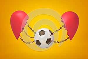 3d rendering of football ball chained between two red broken heart pieces on yellow background