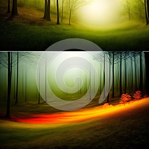3D  rendering of forest image illuminated at night by bioluminescence.