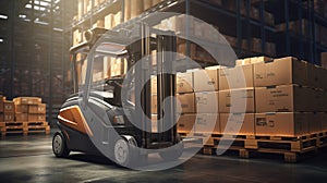 3D rendering of forklift truck carrying cardboard boxes in a warehouse.Generative AI