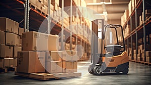 3D rendering of forklift truck carrying cardboard boxes in a warehouse.Generative AI