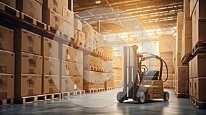 3D rendering of forklift truck carrying cardboard boxes in a warehouse.Generative AI