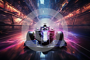 3D rendering of a formula race car in a futuristic city