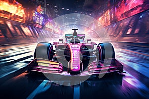 3D rendering of a formula race car in a futuristic city
