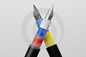 3D rendering Fountain pen Ukraine and Russia flag pattern color, Diplomacy and Press crisis war concept design illustration