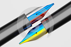 3D rendering Fountain pen Ukraine and Russia flag pattern color, Diplomacy and Press crisis war concept design illustration