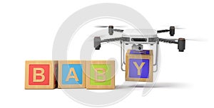 3d rendering of four colorful ABC blocks and drone