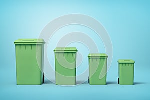 3d rendering of four green trash cans in a row according to size from biggest to smallest on light-blue background.