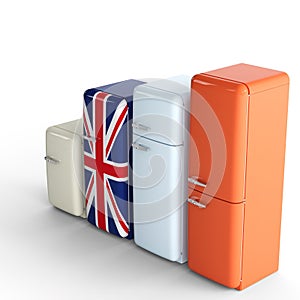 3d rendering of Four refrigerators decorated with the Union Jack and New England flags