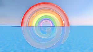 3D rendering of a front and center rainbow casting shadows over an ocean reflecting the colors of the arcs