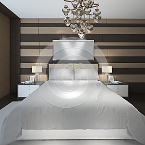 3D rendering front view of queen-sized bed chandelier and dressers against a striped wall