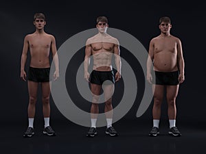 3D Rendering : Front view of standing male body type : ectomorph skinny type, mesomorph muscular type, endomorphheavy weight