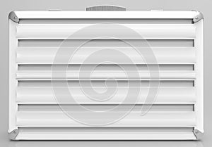 3d rendering. A front of White plastic suitcase on gray background. best to use for put any message or promoting advisement on it.