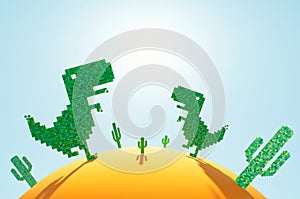 3D rendering of funny figures of dinosaurs and cacti made of cubes on a small yellow ball, against a blue sky background