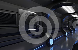 3D rendering futuristic Spaceship black interior with tunnel,corridor, futuristic ,machine