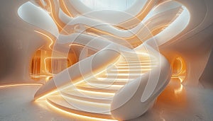 A 3D rendering of a futuristic staircase with neon lights